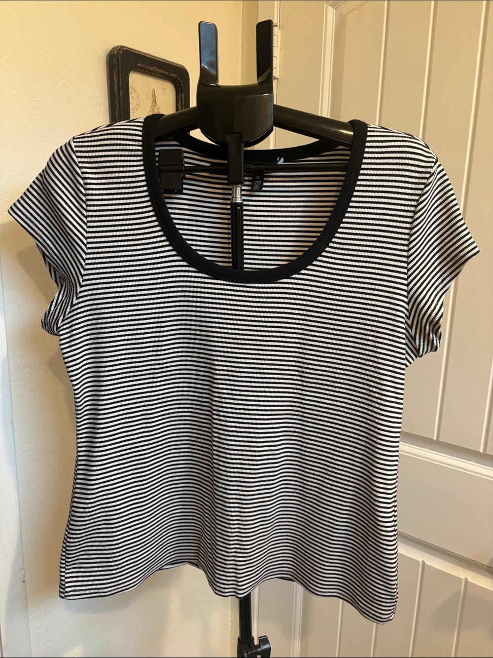 White House Black Market Black and White Striped Scoop Neck Tee